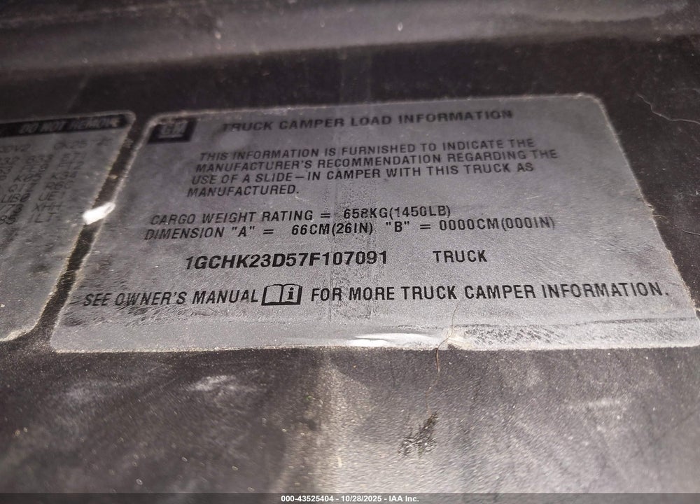 2007 CHEVROLET SILVERADO 2500 VIN: 1GCHK23D57F107091