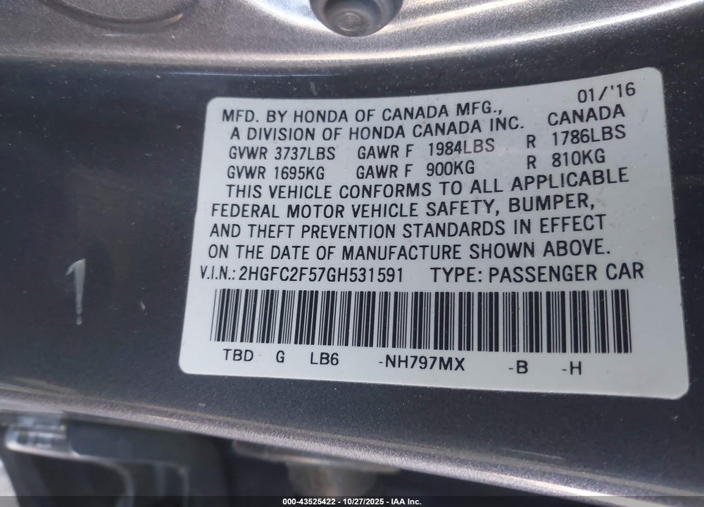 2016 HONDA CIVIC LX VIN: 2HGFC2F57GH531591
