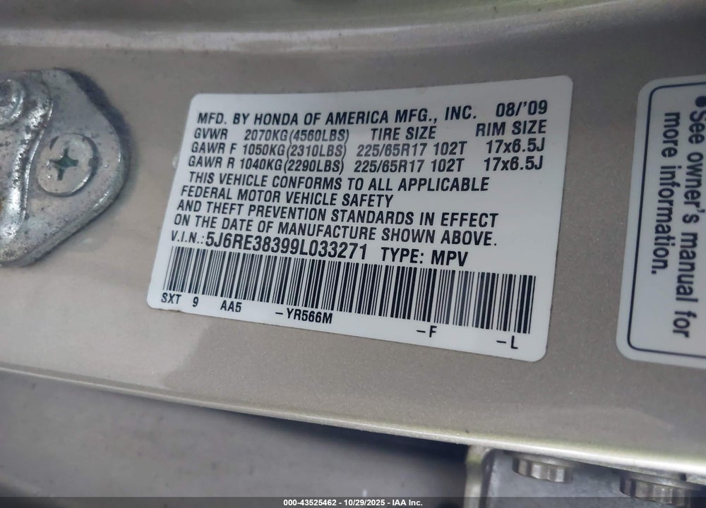 2009 HONDA CR-V VIN: 5J6RE38399L033271