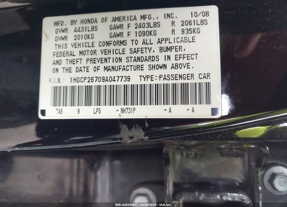 2009 HONDA ACCORD VIN: 1HGCP26709A047739