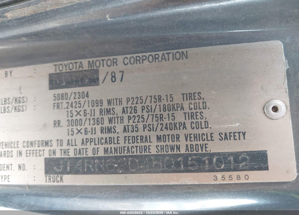 1987 TOYOTA 4RUNNER RN60 VIN: JT4RN62D4H0151012