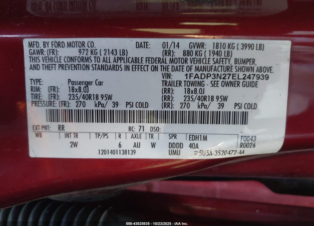 2014 FORD FOCUS TITANIUM VIN: 1FADP3N27EL247939
