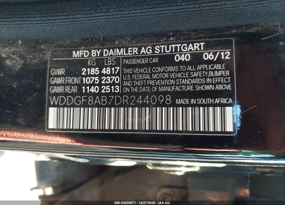2013 MERCEDES-BENZ C 300 SPORT 4MATIC VIN: WDDGF8AB7DR244098