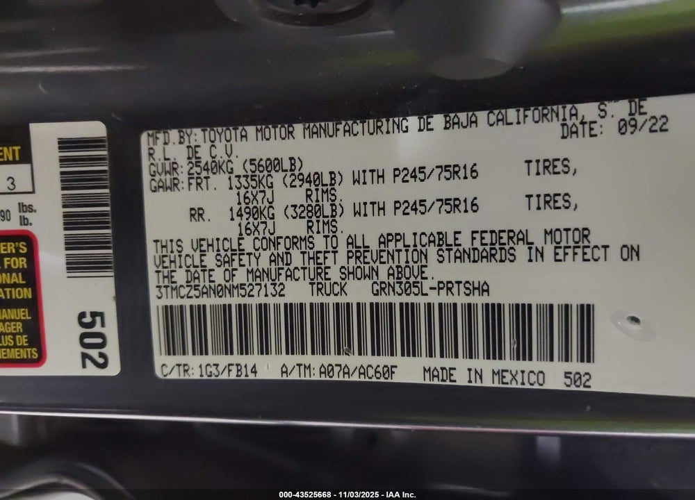 2022 TOYOTA TACOMA SR V6 VIN: 3TMCZ5AN0NM527132
