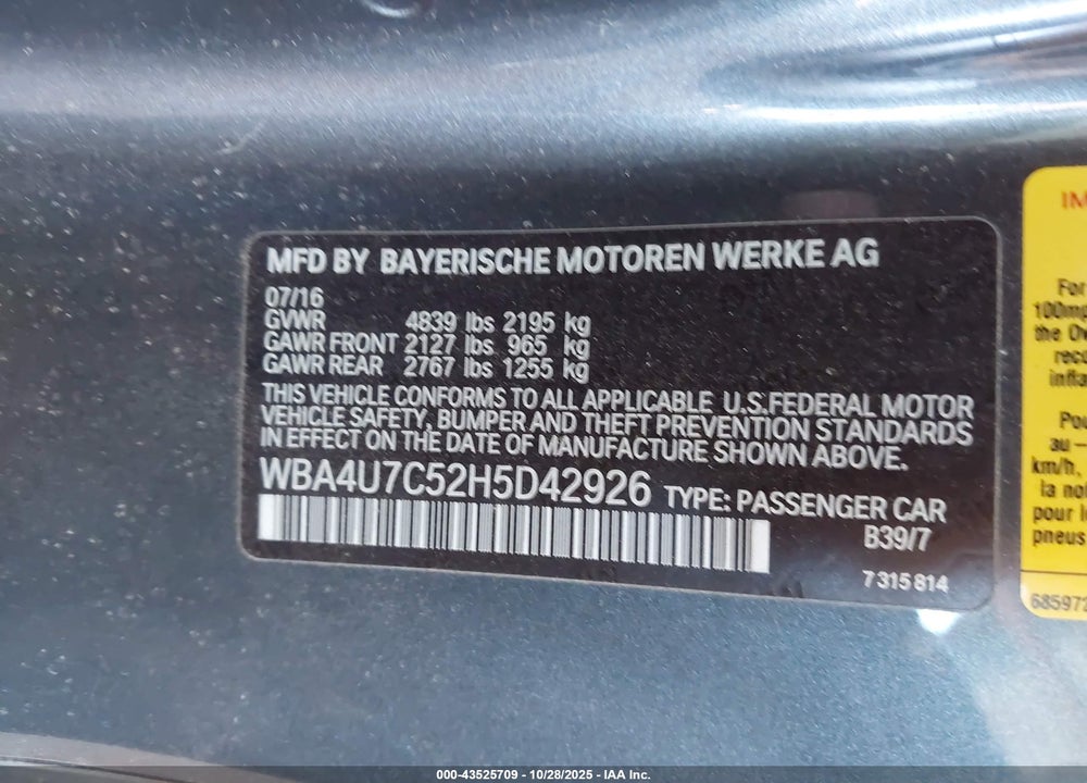 2017 BMW 430I VIN: WBA4U7C52H5D42926