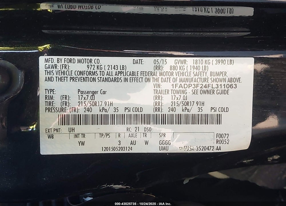 2015 FORD FOCUS SE VIN: 1FADP3F24FL311063