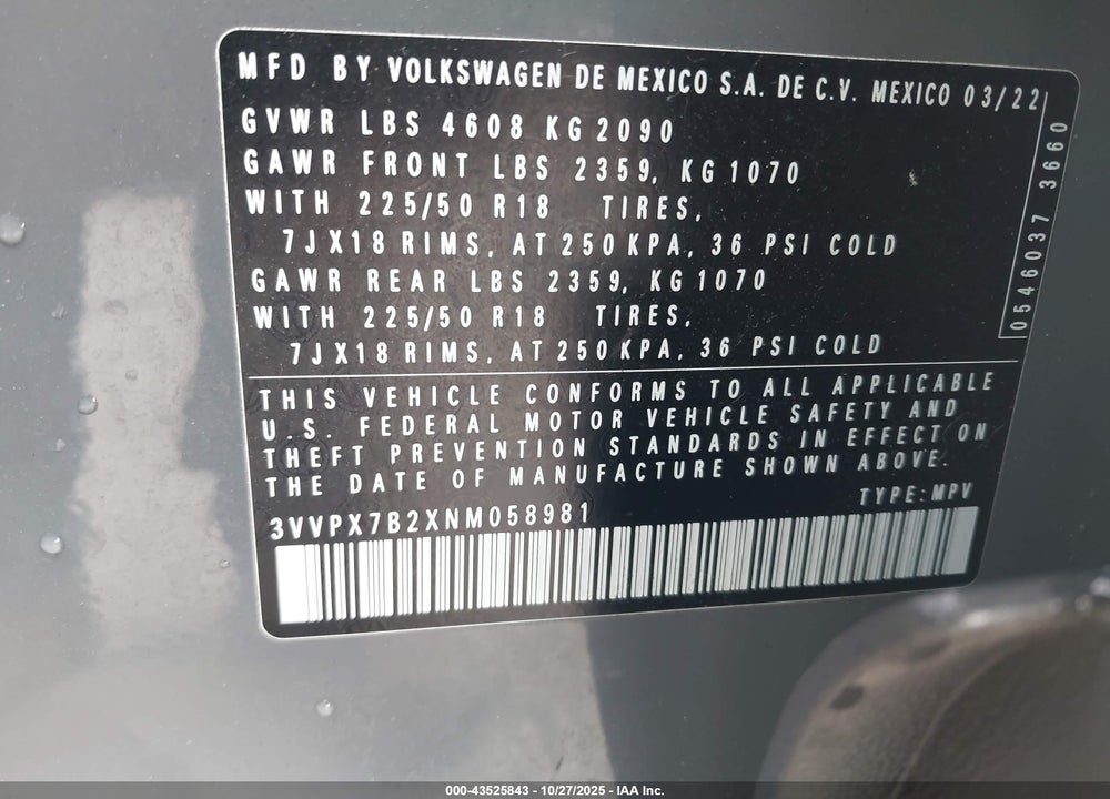 2022 VOLKSWAGEN TAOS 1.5T SE VIN: 3VVPX7B2XNM058981