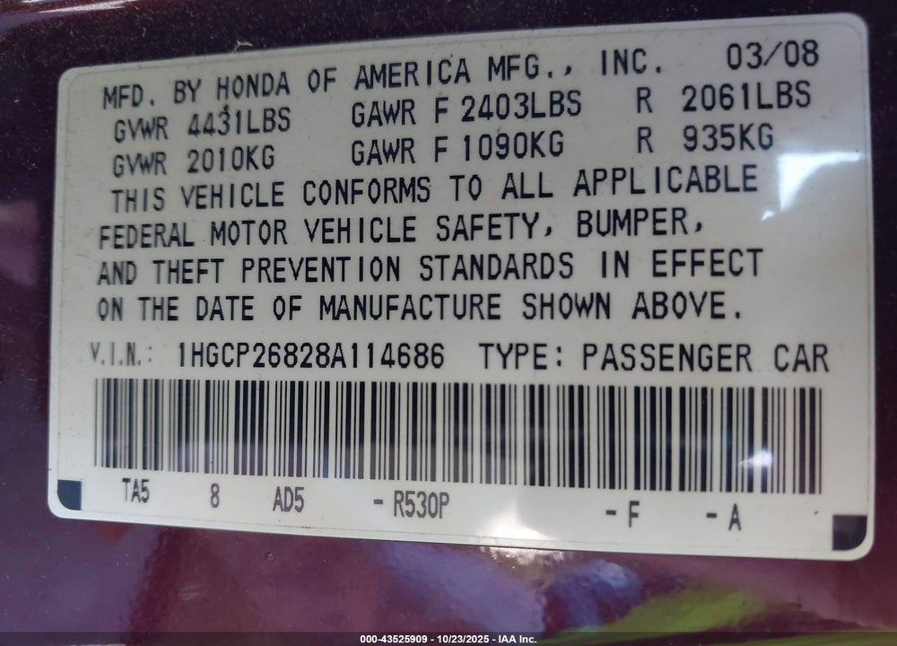 2008 HONDA ACCORD 2.4 EX-L VIN: 1HGCP26828A114686