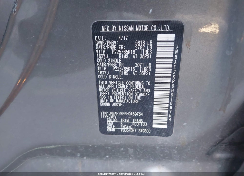 2017 NISSAN QUEST SV VIN: JN8AE2KP6H9169754