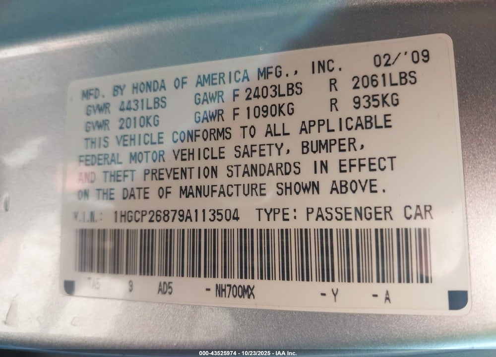 2009 HONDA ACCORD 2.4 EX-L VIN: 1HGCP26879A113504