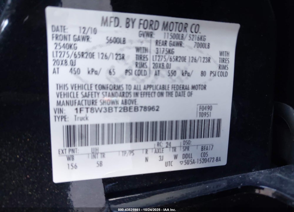 2011 FORD F-350 LARIAT VIN: 1FT8W3BT2BEB78962