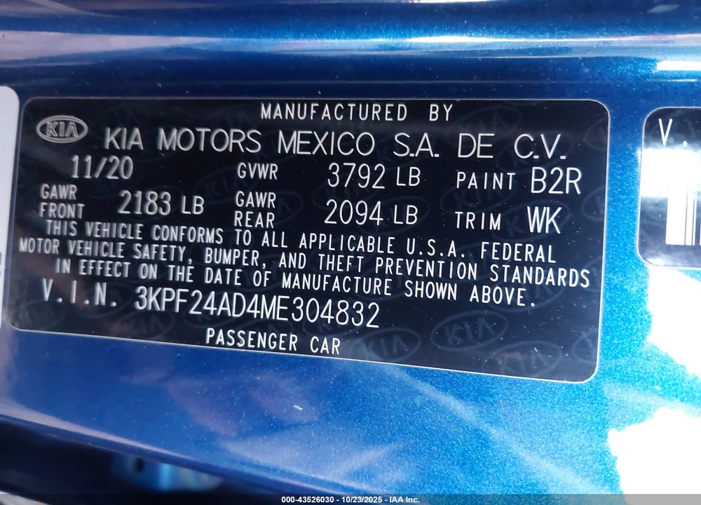2021 KIA FORTE LXS VIN: 3KPF24AD4ME304832