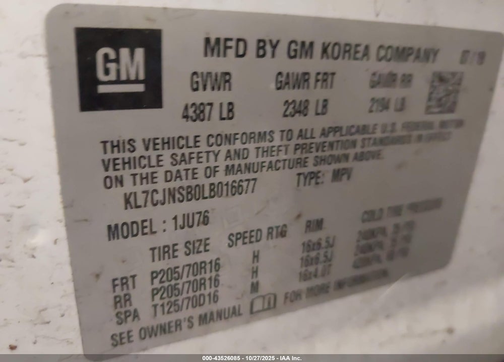 2020 CHEVROLET TRAX AWD LS VIN: KL7CJNSB0LB016677