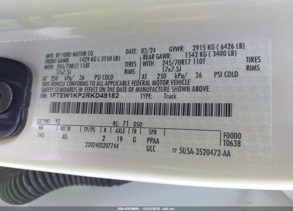 2024 FORD F-150 VIN: 1FTEW1KP2RKD49182