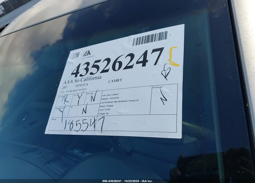 2007 TOYOTA CAMRY LE V6 VIN: JTNBK46K473019593