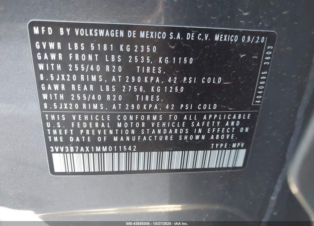 2021 VOLKSWAGEN TIGUAN VIN: 3VV3B7AX1MM011542