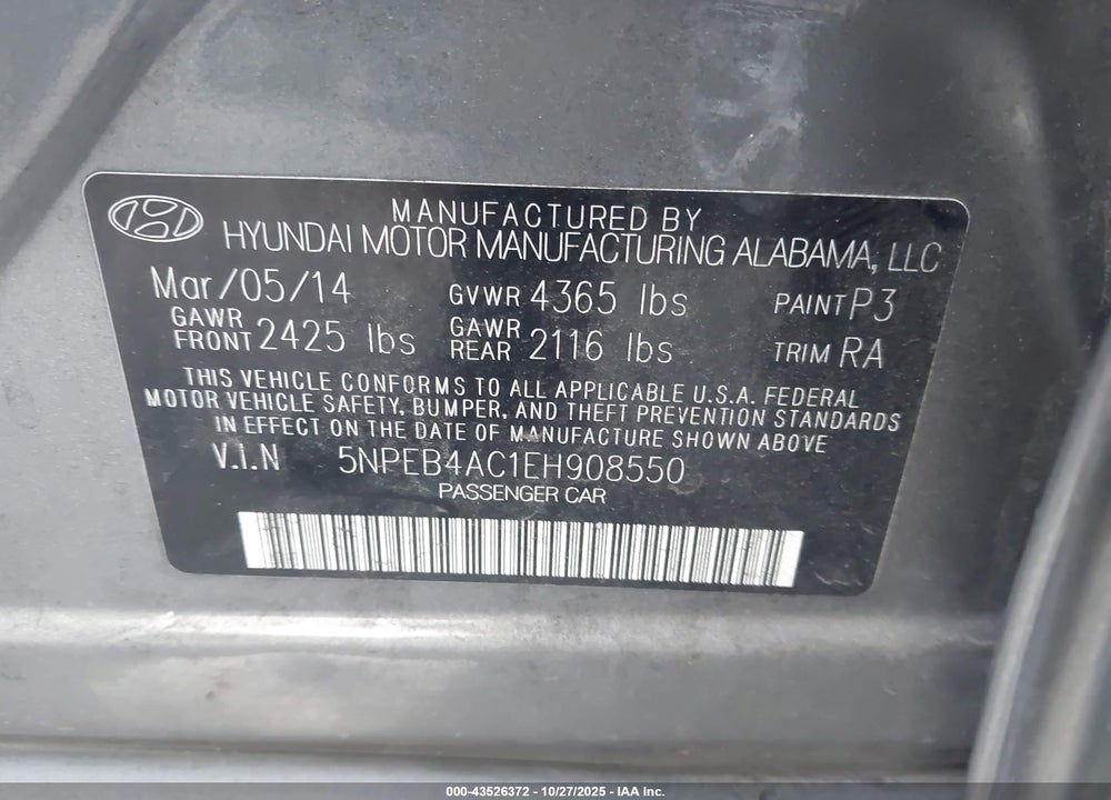 2014 HYUNDAI SONATA GLS VIN: 5NPEB4AC1EH908550