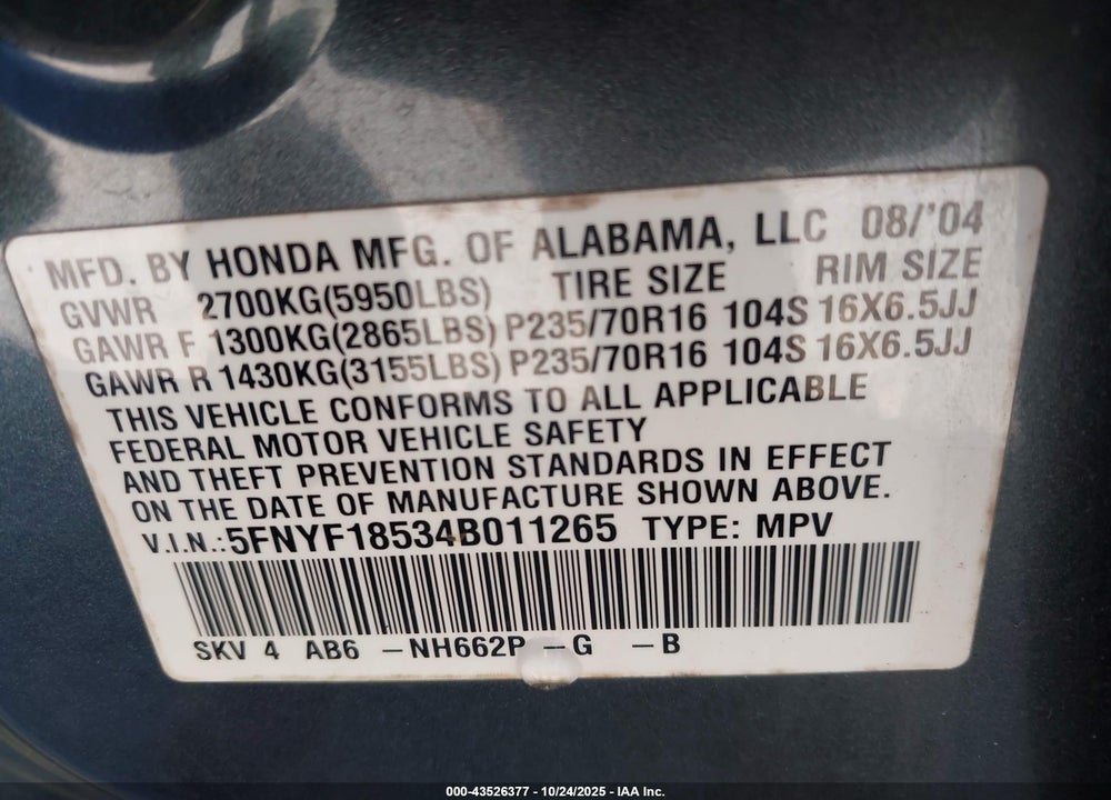 2004 HONDA PILOT EX-L VIN: 5FNYF18534B011265