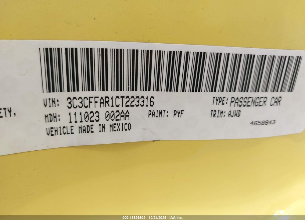 2012 FIAT 500 VIN: 3C3CFFAR1CT223316