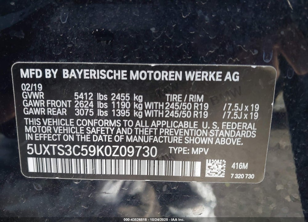 2019 BMW X3 VIN: 5UXTS3C59K0Z09730