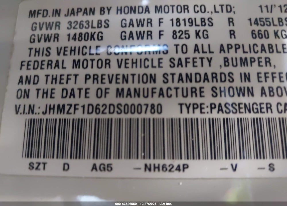 2013 HONDA CR-Z VIN: JHMZF1D62DS000780
