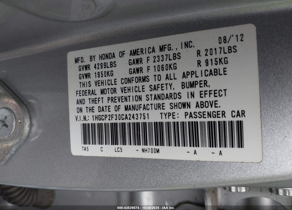 2012 HONDA ACCORD 2.4 LX VIN: 1HGCP2F30CA243751