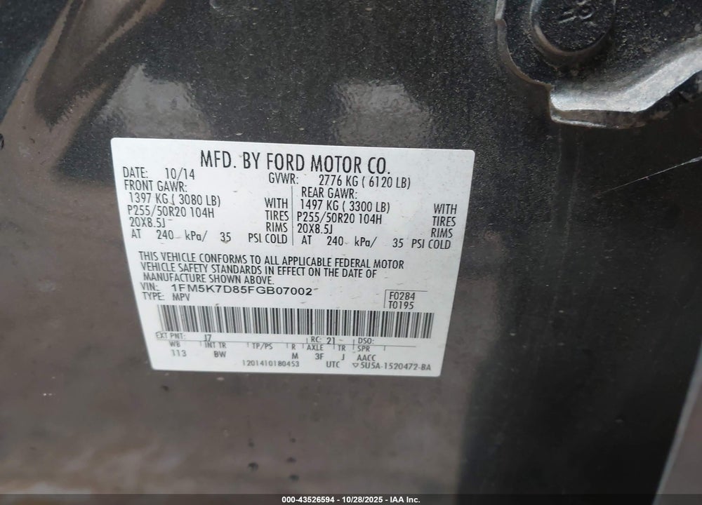2015 FORD EXPLORER VIN: 1FM5K7D85FGB07002