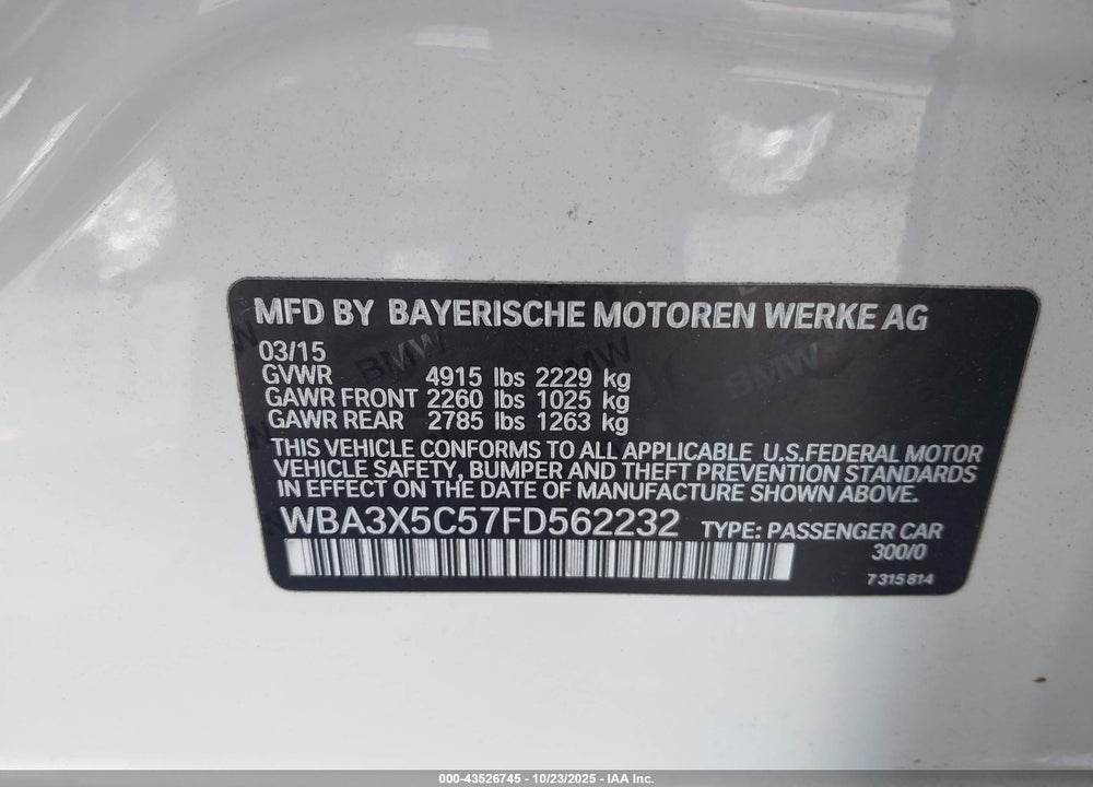 2015 BMW 328I GRAN TURISMO XDRIVE VIN: WBA3X5C57FD562232