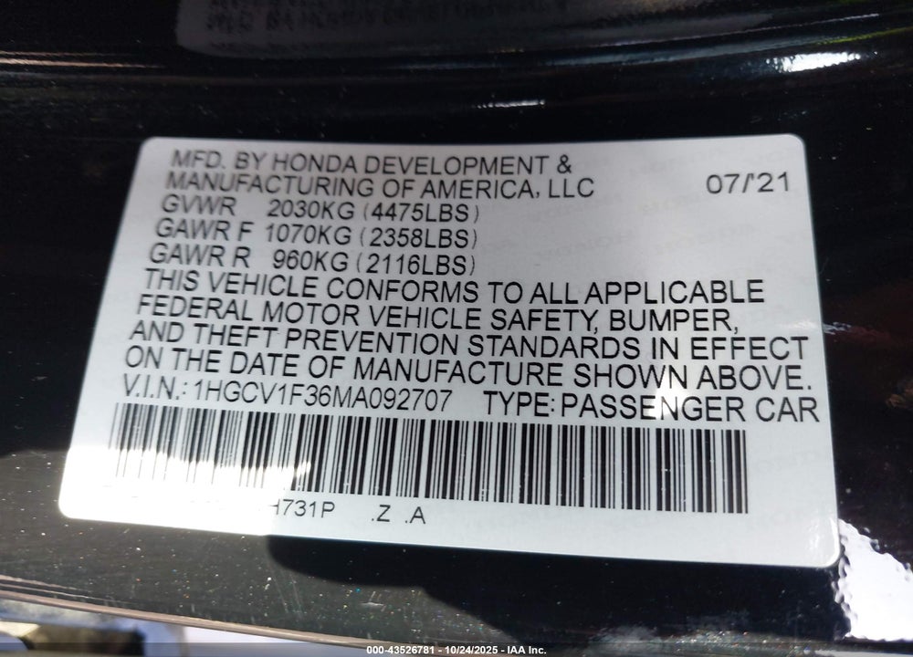2021 HONDA ACCORD SPORT VIN: 1HGCV1F36MA092707