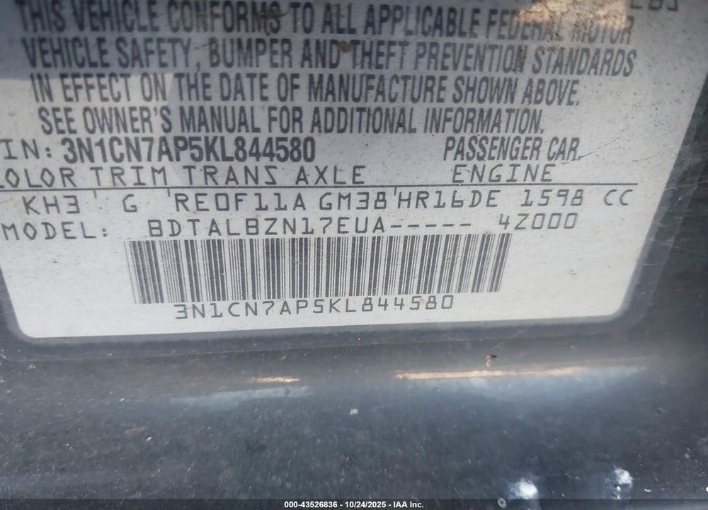 2019 NISSAN VERSA VIN: 3N1CN7AP5KL844580