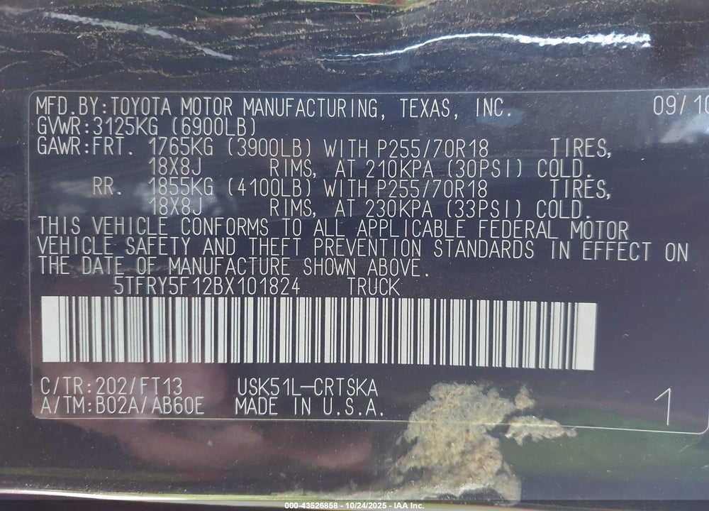 2011 TOYOTA TUNDRA VIN: 5TFRY5F12BX101824