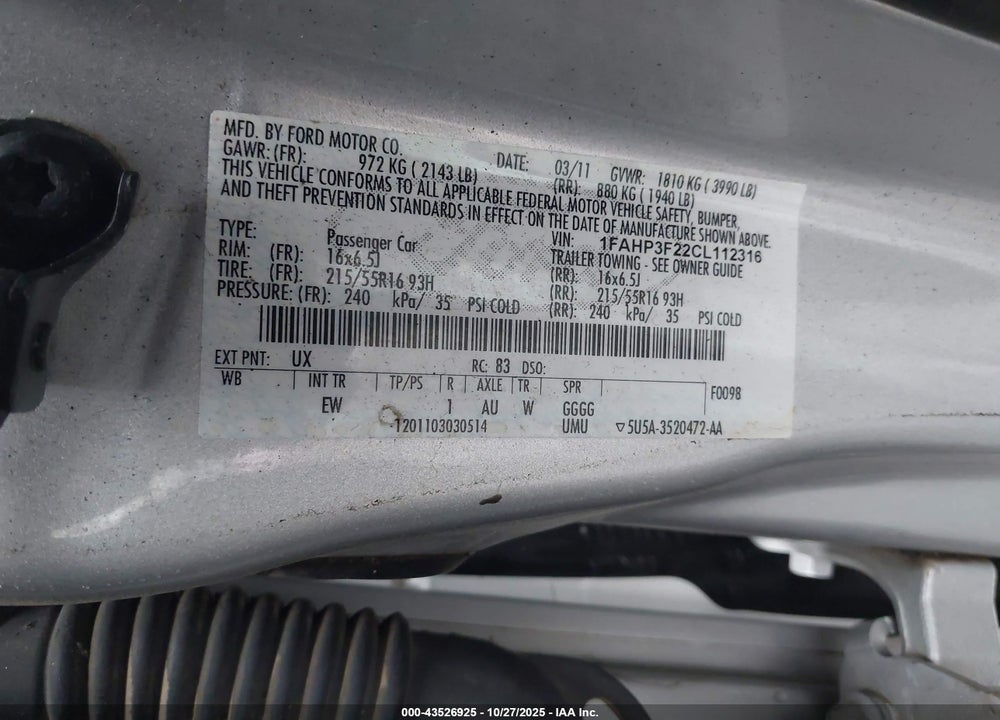 2012 FORD FOCUS SE VIN: 1FAHP3F22CL112316