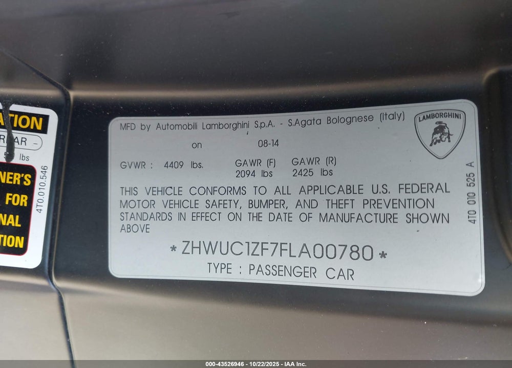 2015 LAMBORGHINI HURACAN VIN: ZHWUC1ZF7FLA00780