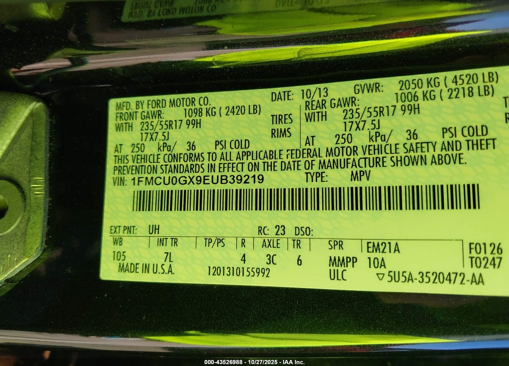 2014 FORD ESCAPE SE VIN: 1FMCU0GX9EUB39219