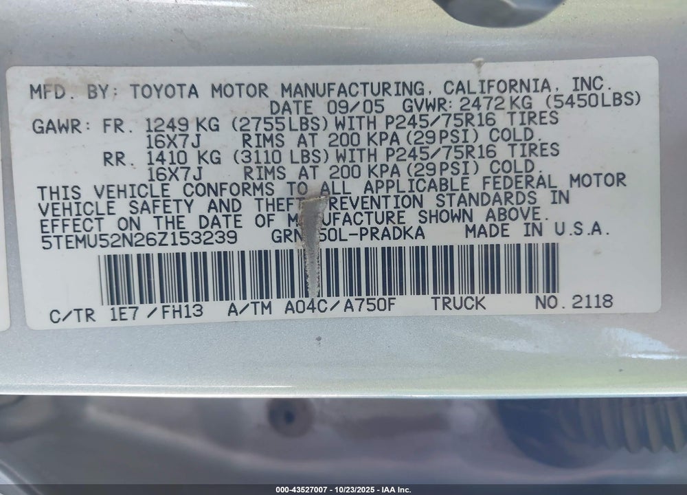 2006 TOYOTA TACOMA BASE V6 VIN: 5TEMU52N26Z153239