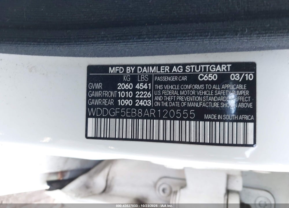 2010 MERCEDES-BENZ C CLASS VIN: WDDGF5EB8AR120555