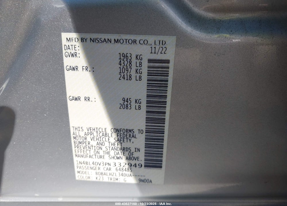 2023 NISSAN ALTIMA SV FWD VIN: 1N4BL4DV3PN332949