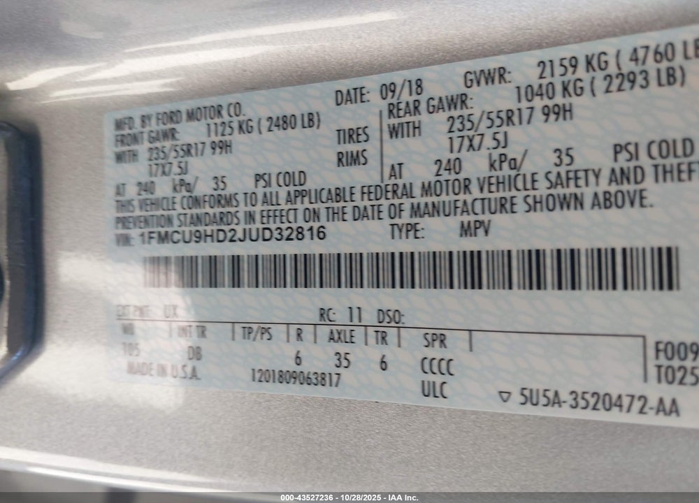 2018 FORD ESCAPE SEL VIN: 1FMCU9HD2JUD32816