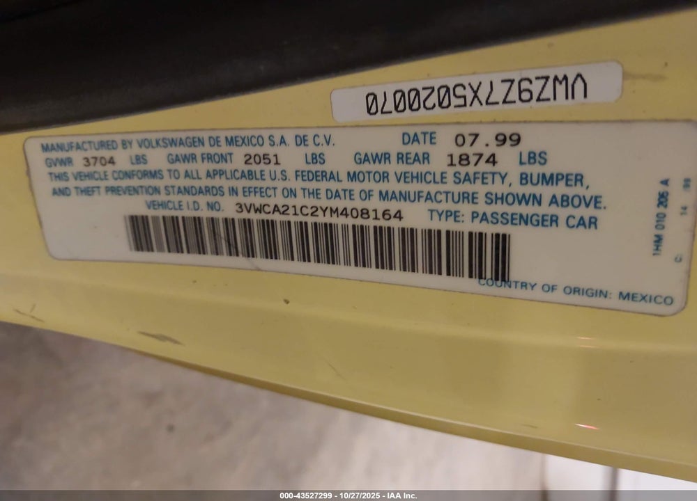 2000 VOLKSWAGEN NEW BEETLE GLS VIN: 3VWCA21C2YM408164