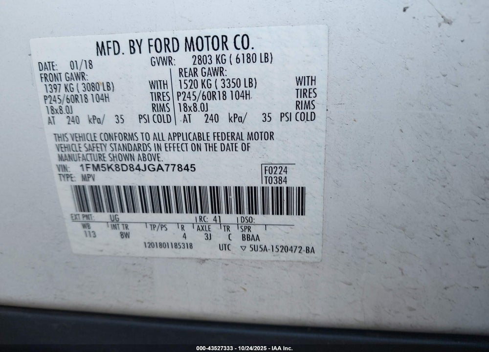 2018 FORD EXPLORER XLT VIN: 1FM5K8D84JGA77845