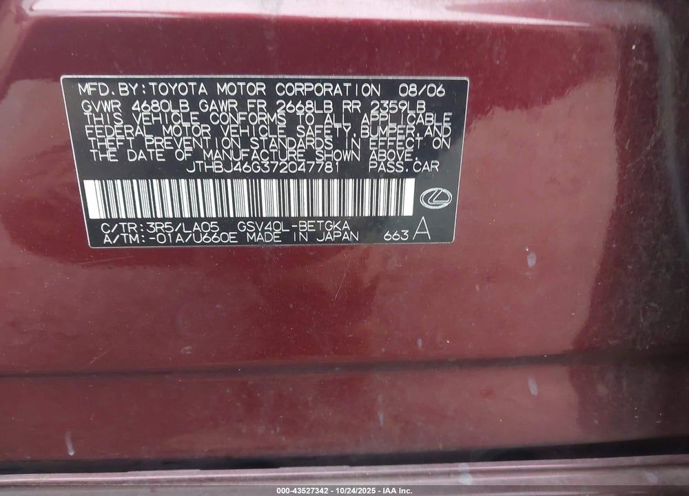2007 LEXUS ES 350 VIN: JTHBJ46G372047781