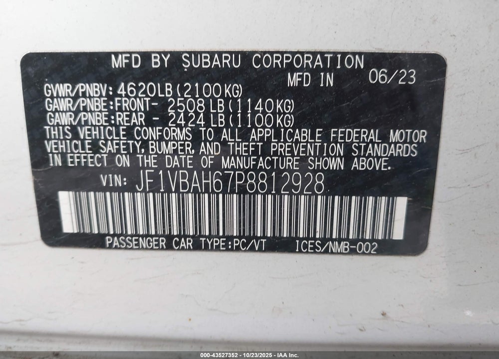 2023 SUBARU WRX PREMIUM VIN: JF1VBAH67P8812928