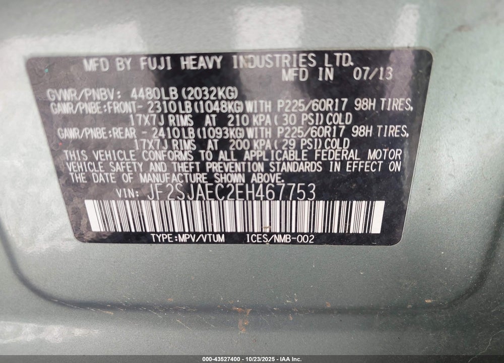 2014 SUBARU FORESTER VIN: JF2SJAEC2EH467753