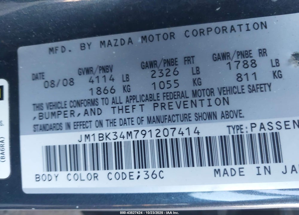 2009 MAZDA 3 VIN: JM1BK34M791207414