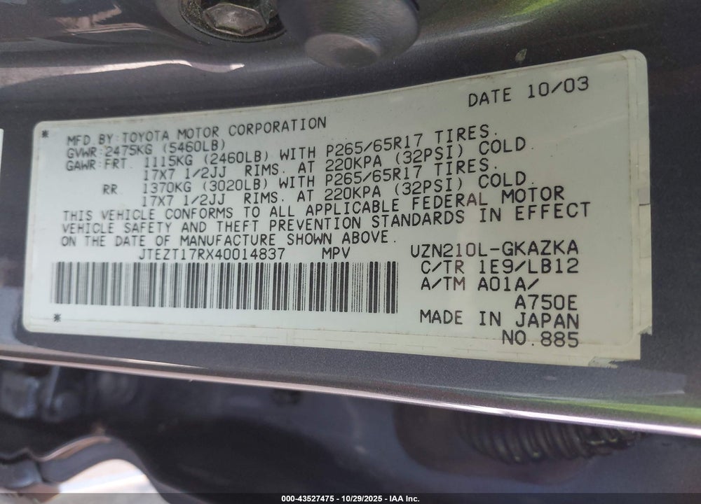 2004 TOYOTA 4RUNNER LIMITED V8 VIN: JTEZT17RX40014837