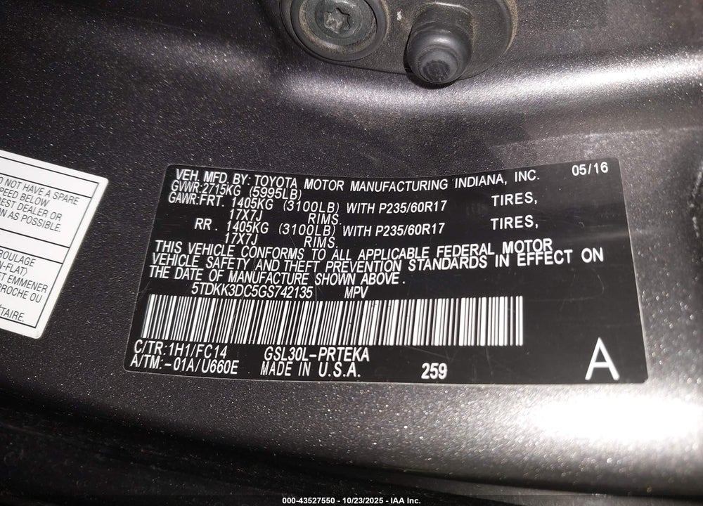 2016 TOYOTA SIENNA VIN: 5TDKK3DC5GS742135