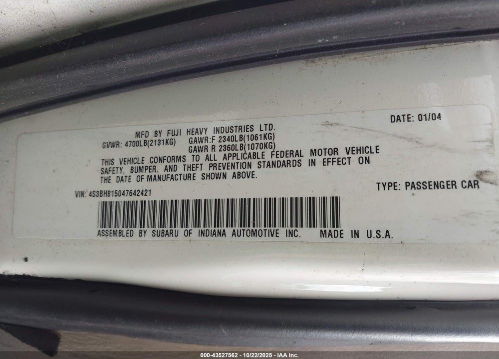 2004 SUBARU OUTBACK H6-3.0 W/35TH ANNIVERSARY EDITION VIN: 4S3BH815047642421