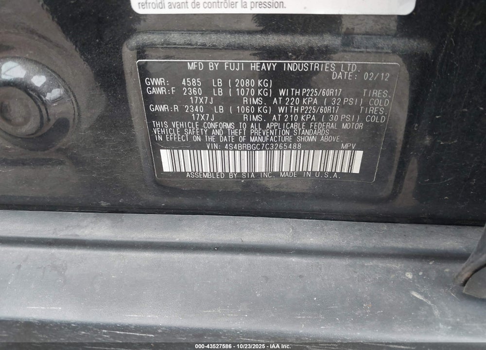 2012 SUBARU OUTBACK 2.5I PREMIUM VIN: 4S4BRBGC7C3265488