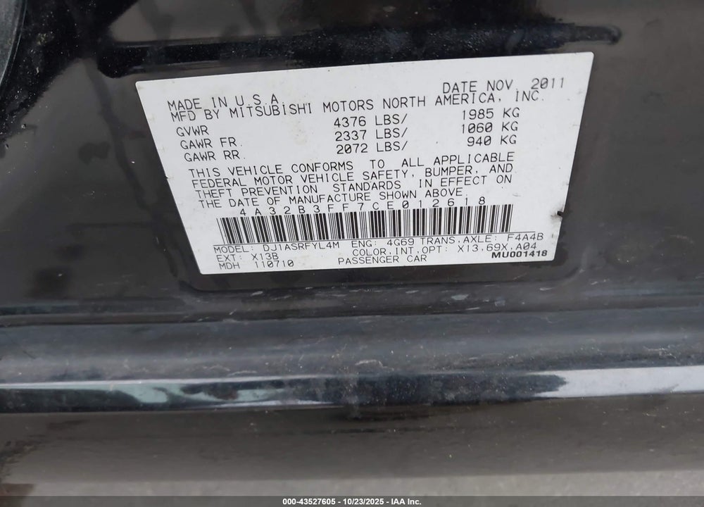2012 MITSUBISHI GALANT VIN: 4A32B3FF7CE012618