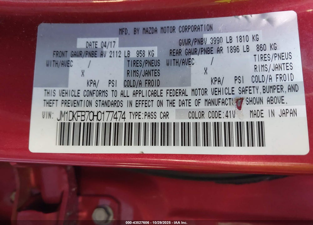 2017 MAZDA CX-3 VIN: JM1DKFB70H0177474